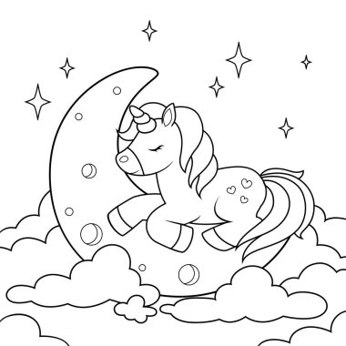 Sevimli tek boynuzlu at bulutlar ve yıldızlarla çevrili bir ayda uyuyor. Tek boynuzlu atın vücudunda kalp izleri, kapalı gözler ve dalgalı yelesi vardır. Tarzı basit ve çocuk boyama kitabı için ideal.