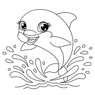 Tatlı çizgi film gülümseyen yunus. Yunus, su sıçramalarıyla çevrili olarak sudan atlıyor. Basit siyah-beyaz vektör biçimi çocuk renklendirme faaliyetleri için idealdir