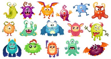 Big set of cartoon funny smiling monster characters for kids. Set of cute comic multicolored monsters. Vector illustration monsters isolated on white background
