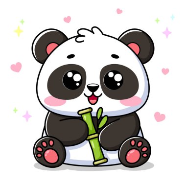 Bambulu tatlı kawaii panda. Renkli yıldızlı ve kalbi arka planda olan çocuklar için oyuncu bir illüstrasyon. Vektör illüstrasyonu beyaz arkaplanda izole edildi