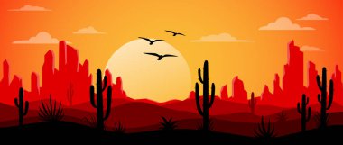 Çöl, kaktüs ve kuşlarla dolu bir manzara.