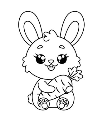 Havuçlu tatlı kawaii tavşanı. Boyama kitabı için siyah ve beyaz vektör çizimi