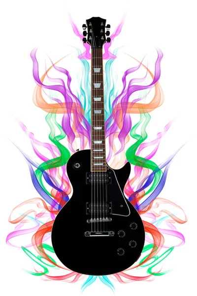 Guitarra Negra Aislada Blanco Con Coloridos Senderos Humo Fondo — Foto de Stock