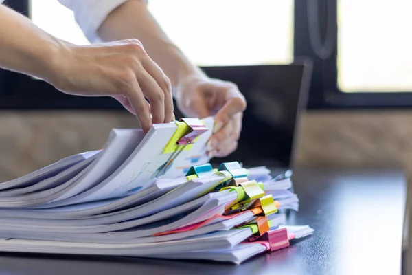 Businesswoman Hands Working Stacks Paper Documents Search Review Documents Piled — Stock Photo, Image