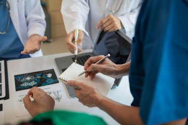 Tıp ekibinin konferans odasında hastalıkları teşhis etme ve tedavi etme yeteneğini harekete geçirme kavramı. Tıbbi ekip toplantıya katılır ve hasta hastalığını doğru şekilde tedavi etmek için tartışır.