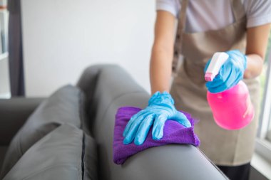 Temizlik personeli kanepenin yüzeyine temiz ve dezenfektanla bez siliyor. Böylece kanepeyi temizlik ürünleriyle temizliyor ve oturma odasındaki kanepenin yüzeyine yapışmış mikroplardan arınmış oluyor..