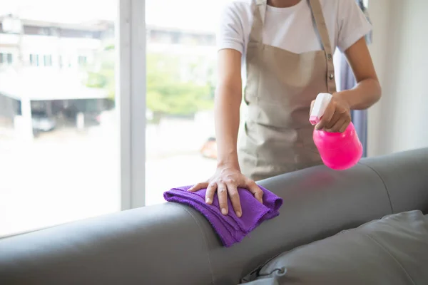 Cleaning Staff Wiping Cloth Cleaner Disinfectant Surface Sofa Make Sofa — Stock Photo, Image
