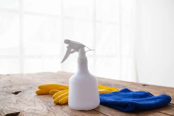 Blue Towel Yellow Gloves Were Placed Wooden Table Cleaning Staff — Stock Photo, Image