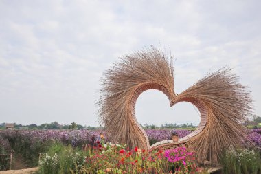 Kalp sembolü, turistlerin ziyaret edip fotoğraf çekmeleri için çiçek bahçesini süslemek amacıyla bambu dallarından yapılmış. Çiçek bahçesi dekorasyonu, arkadaşlık, sevgi ve nezaket.