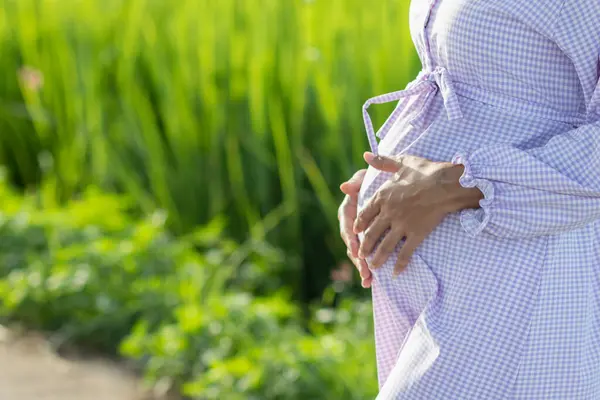 stock image pregnant woman puts a heart symbol on her belly to show her love and concern for her unborn child. concept of expressing love towards the unborn child to represent a mutually in love with each other.