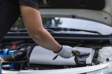 Araç hizmet merkezi tamircileri araba ve motoru kontrol ediyor. Kullanıma hazır ve merkezin garantisine göre mükemmel durumda olduklarından emin olun. Güvenli sürüş için periyodik araç denetimleri.