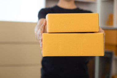 KOBİ işletmelerini işleten girişimciler, müşterilere nakliyeye hazır olmak için kutu ve paketlerde ürünler hazırlıyorlar. Ürünler kutuda ve paketlerde nakliyeye hazırlanıyor.