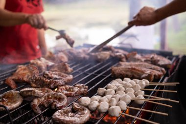 Izgara et kömür sobasında çeşitli malzemelerle kızartılır. Et ve çeşitli malzemeler kömür ocağında ızgara olarak pişiriliyor. Arkadaşların kamp yaparken biftek ve barbekü olarak pişiriliyor.