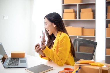 Güzel Asyalı iş kadını evini ofis ya da İçişleri Bakanlığı olarak kullanarak başlangıç maliyetlerinden tasarruf ederek KOBİ işine başlıyor. Portre KOBİ işine başladı İçişleri Bakanlığı 'ndan Asyalı iş kadını