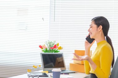 İş kadını, müşterilerden sipariş almak için cep telefonu uygulaması üzerinden ev ofisi kurar ve müşterilerle iletişime geçmek ve siparişleri göndermeden önce onaylamak için cep telefonunu kullanır. Boşluğu kopyala