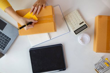Asyalı işkadını siparişleri ve müşterilerin siparişlerini kontrol ediyor ve siparişleri online alışveriş uygulaması yoluyla teslim ediyor. Uygulama yoluyla çevrimiçi iş fikri
