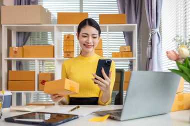 İş kadını, müşterilerden sipariş almak için cep telefonu uygulaması üzerinden ev ofisi kurar ve müşterilerle iletişime geçmek ve siparişleri göndermeden önce onaylamak için cep telefonunu kullanır. Boşluğu kopyala