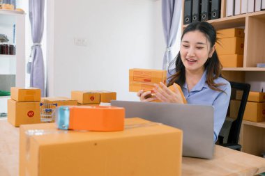 Asyalı bir kadın, evini İçişleri Bakanlığı olarak kullanarak küçük bir KOBİ işine başlıyor ve müşterilere siparişlere göre yeterli ürün olup olmadığını kontrol etmek için envanteri kontrol ediyor. Küçük KOBİ İş Başlangıcı