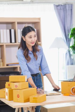 Asyalı bir kadın, evini İçişleri Bakanlığı olarak kullanarak küçük bir KOBİ işine başlıyor ve müşterilere siparişlere göre yeterli ürün olup olmadığını kontrol etmek için envanteri kontrol ediyor. Küçük KOBİ İş Başlangıcı