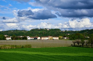 Altavilla Vicentina 'daki Berici Tepeleri' nin eteklerindeki üzüm bağında gökyüzünde yükselen bulutlar, Veneto, İtalya