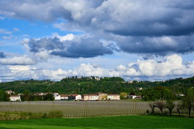 Altavilla Vicentina 'daki Berici Tepeleri' nin eteklerindeki üzüm bağında gökyüzünde yükselen bulutlar, Veneto, İtalya