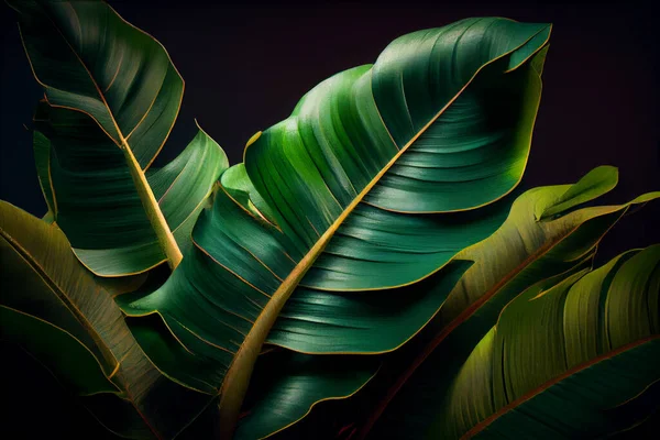 green leaves of tropical plant on dark background
