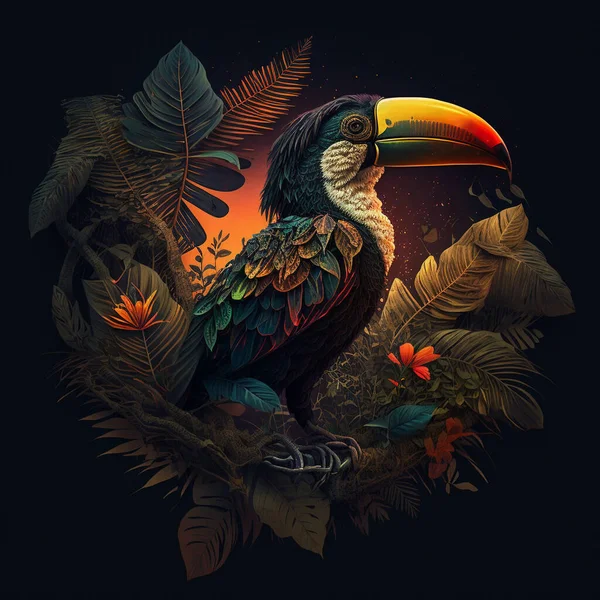Tropical bird, parrot, toucan, tree, leaves, birds, feathers, illustration on black