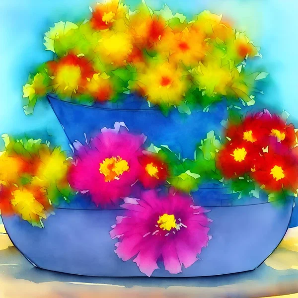colorful flower in a vase on a blue background