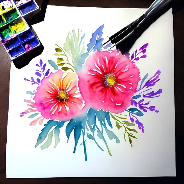 watercolor painting of flowers and leaves