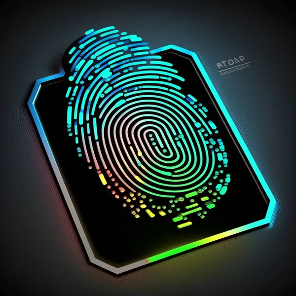 Biometrics identification and cyber security concept. Glowing neon fingerprint on dark background.