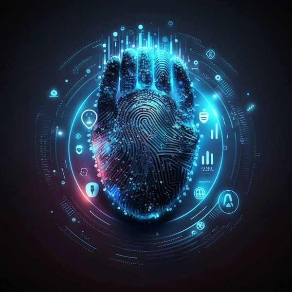 Biometrics identification and cyber security concept. Glowing neon fingerprint on dark background.