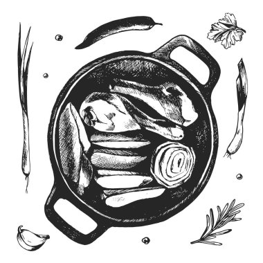 Tavuk budu ve patates sarımsaklı, biberiyeli, maydanozlu ve baharatlı bir tavada. Çizim vektör çizimi. Fast food vektörü. Menü, broşür ya da broşür tasarımı için klasik çizgi çizimi