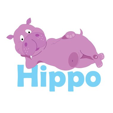 Hippopotamus çizgi film stili, vektör sanatı ve illüstrasyon. Şirin bir su aygırı hayvanının yalan söylemesinin ve mutlu bir şekilde gülümsemesinin temsili çizimi. Şirin bir Afrika su aygırı çizgi filmi. Çocuk çizim kitabı.
