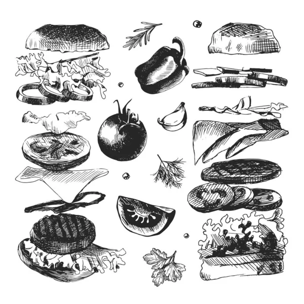 Parti Hamburger Fast Food Disegnato Mano Icone Con Schizzi Vettoriali — Vettoriale Stock