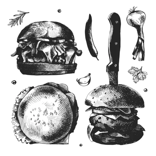 손으로 패스트 브로셔 전단지 디자인을위한 햄버거와 버거의 빈티지 스케치 Iillustrations — 스톡 벡터