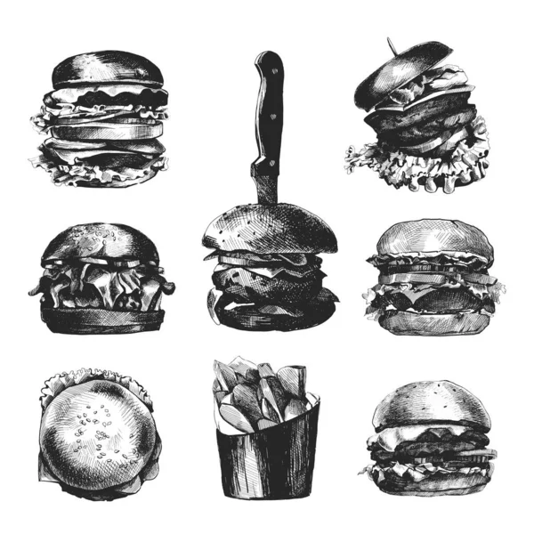 Hand Drawn Hamburgers Cheeseburgers Set Vector Fast Food Vintage Sketch — Stock Vector