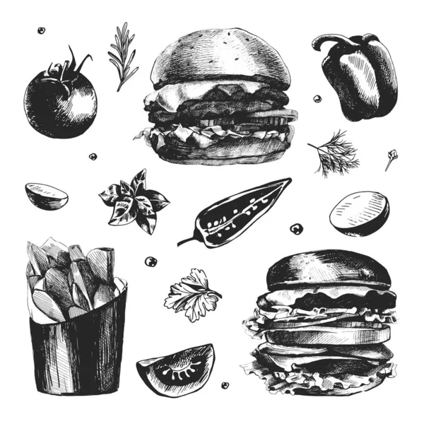 Set Tangan Ditarik Makanan Cepat Saji Vektor Food Burgers Vegetables - Stok Vektor