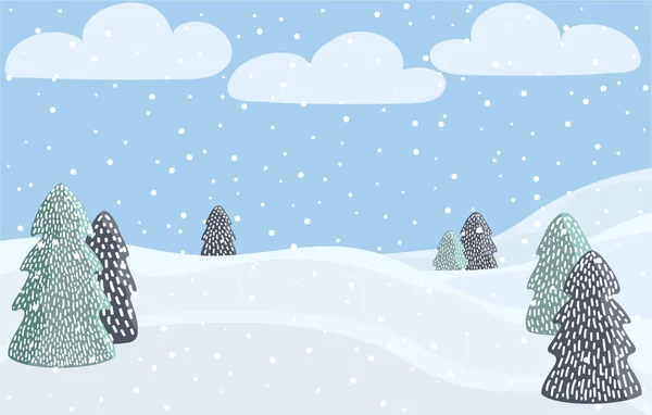 Kış Mevsimi Manzarası Desenli Köknar Ağaçları Bulutlar Kar Yığınları Kar — Stok Vektör