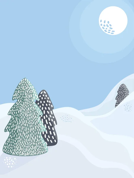 冬の背景 森の風景 日当たりの良い雪の日 北欧の企業は雪のドリフトで手描きのテクスチャを使用しています ベクターイラスト — ストックベクタ