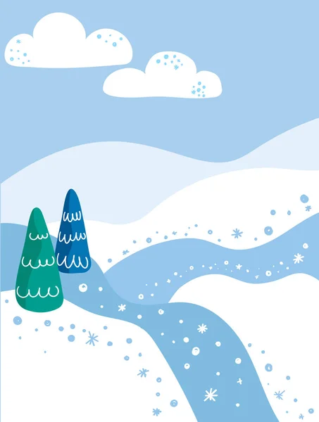 Зимовий Пейзаж Листівка Ялиновими Шишками Засніжені Доріжки Снігоходи Каракулі Векторні — стоковий вектор