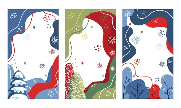 冬のセールストーリーテンプレートセット モミの木 松の木 トウヒ 雪の結晶 雪のドリフト 抽象的な形状とコピースペースと冬の販売のためのフライヤーデザイン ベクターイラスト — ストックベクタ