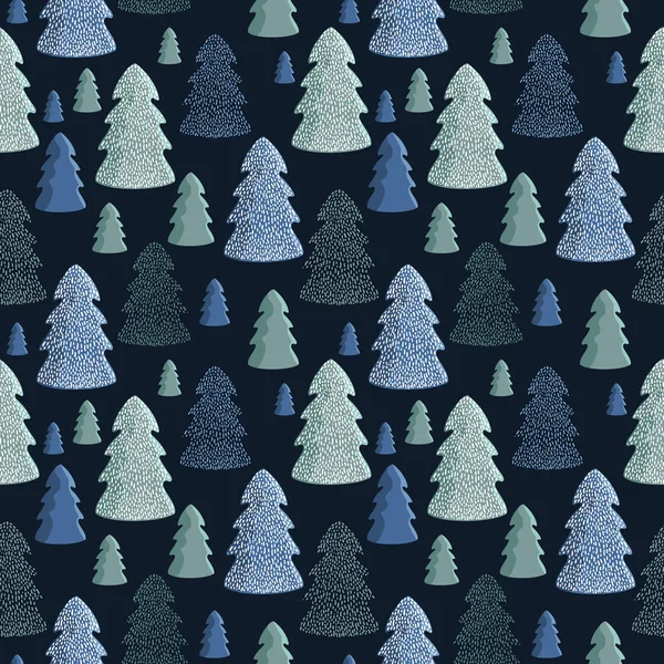 グリーティングカード 包装紙のための冬の森のシームレスなパターン 暗い背景にテクスチャクリスマスツリー トウヒやモミの木と冬のスキャンディの背景 ベクターイラスト — ストックベクタ