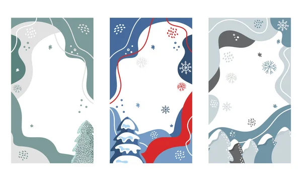 Зимние Пейзажи Дизайна Листовок Деревьями Шпорами Соснами Деревьями Снежинками Снежинками — стоковый вектор