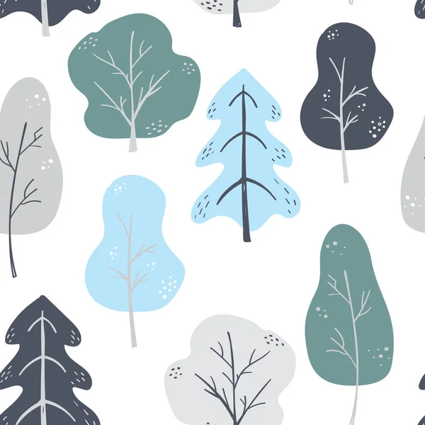 冬の森のシームレスなパターン パステルカラーのシンプルなミニマリストの木 北欧風の巨大 ベクターイラスト — ストックベクタ