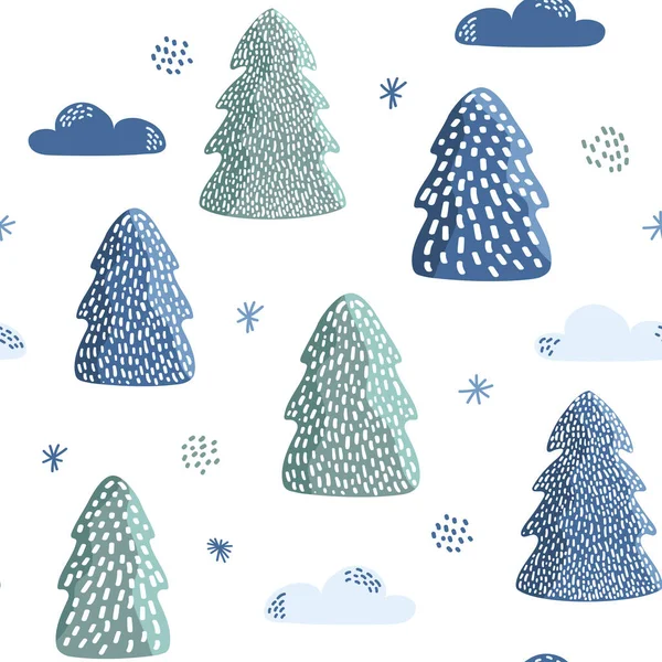 子供たち冬の森シームレスパターン 織物を包むためのテクスチャクリスマスツリー 雪の結晶 トウヒやモミの木と冬のドアの背景 ベクターイラスト — ストックベクタ