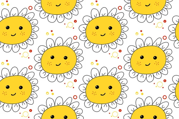 Kreskówka Stokrotka Kwiaty Bezszwowy Wzór Słodki Rumianek Twarzą Zabawny Dziecięcy — Wektor stockowy