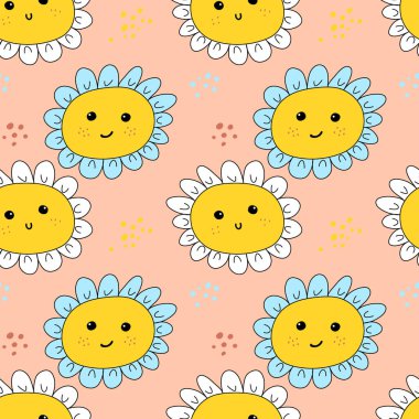 Çocuklar için sevimli papatya çiçeği tasarım, ambalaj kağıdı. Çizgi filmdeki papatya çiçekleri pembe arka planda kusursuz desen. Yüzü güzel papatya karakteri. Vektör illüstrasyonu