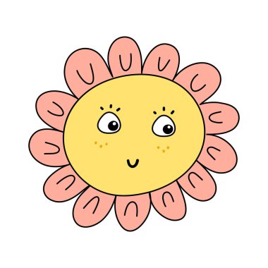 Smiling flower with eyes and freckles. Cute cartoon flower for kids
