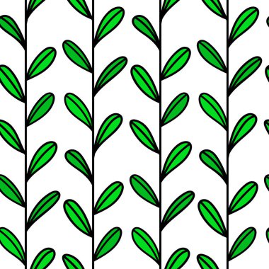 Vertical continuous stems with leaves. Spring green sprouts. Seamless doodle hand drawn pattern. Vector illustration