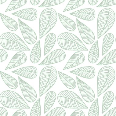 Green leaf art line seamless pattern. Nature background with leaves. Vector illustration